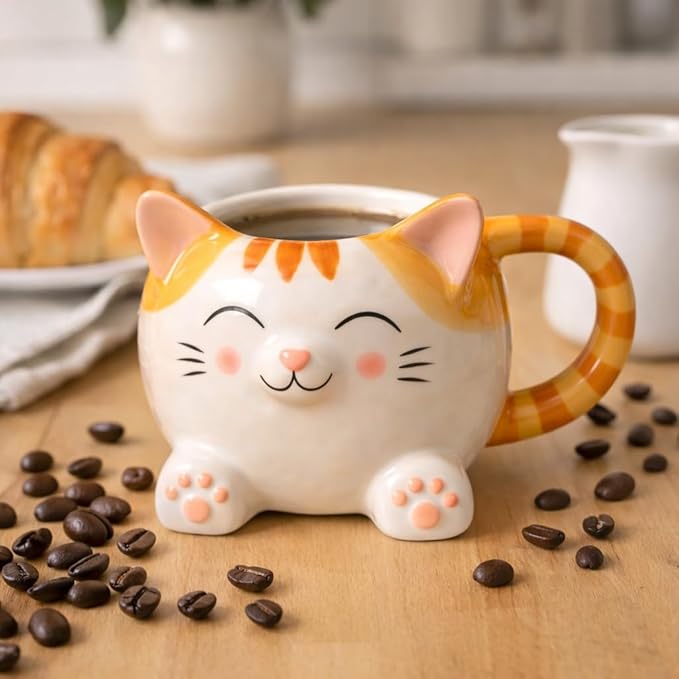 Cute Cat Coffee Mug – 16oz Ceramic Animal Mug, Handmade Gift for Cat Lovers, Cute Kawaii Coffee & Tea Cup – Orange Tabby