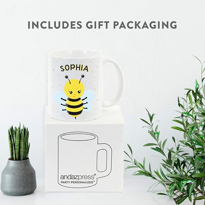 Andaz Press Personalized 11oz. Kids Milk Hot Chocolate Mug, Busy Bee Posture 1, 1-Pack, Custom Child’s Birthday Christmas Coffee Cup
