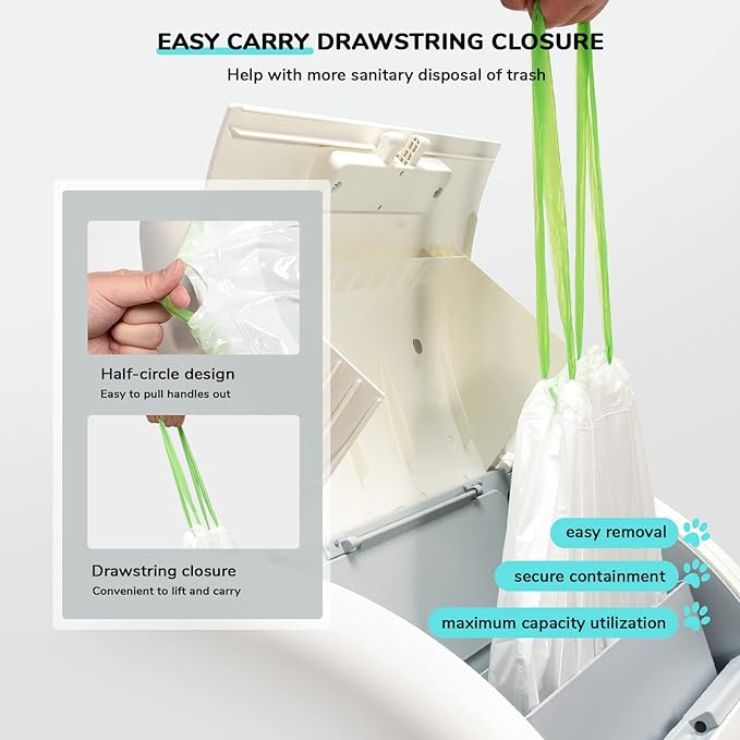 65 Count Drawstring Litter Box Liner Bags for Auto Self-Cleaning Litter Box, Extra Thick Leak Proof Cat Litter Replacement Waste Bags, Unscented, 18.1"W x 15.7"H, 3.5 Gal（Fit for SC01/SC02）