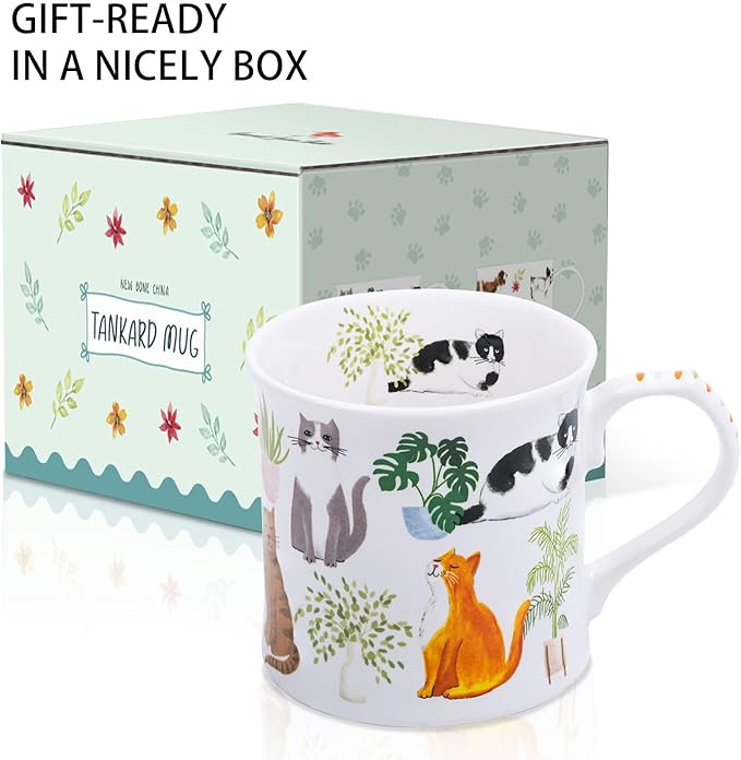 Cute Cats & Plants Coffee Mug - 12 oz Fine New Bone China Coffee Tea Cup with Kitten Design, Cat Mom Gifts for Women, Holiday Gift for Cat Lovers & Friends, Designed in England by Harvest Green Studio