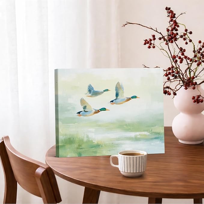 Vintage Mallard Duck Wall Art Decor Cottagecore Ducks Green Print Picture Rustic Wall Decor for Farmhouse Home Living Room 8x10 Inch Canvas Framed