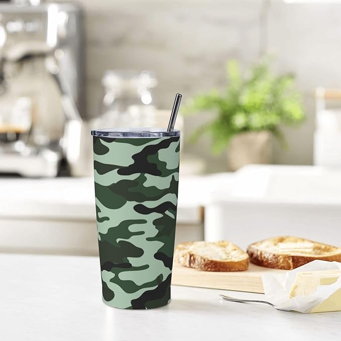 Camo Tumbler 20oz Camo Stainless Steel Insulated Tumblers with Lid and Straw Green Travel Coffee Mug Tea Wine Cups Water Bottle Holiday Gifts for Women