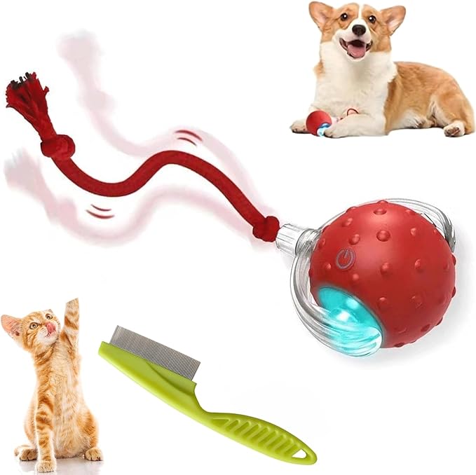 2026 New Tiny Fetch Dog Toy, Tiny Fetch Motion Dog Toy, Interactive Rolling Ball with Birdsong, Smart 360° Automatic Rolling Electric Dogs Ball Toys with Rope for Dogs and Cat Indoor Play (Red)