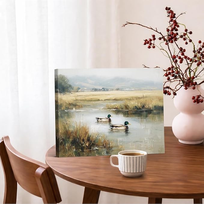 Vintage Mallard Duck Wall Art Decor Rustic Ducks Landscape Print Picture Cottagecore Wall Decor for Farmhouse Home Living Room 8x10 Inch Canvas Framed