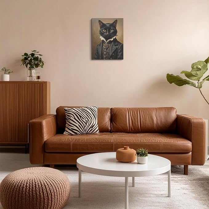 Aristocratic Cat Framed Canvas Wall Art, Mid - Century Dark Academia Decor Wall Painting, Cat Lover Gifts, Gothic Decor Aesthetic Poster for Home Living Room Bedroom, Halloween Cats Decorations