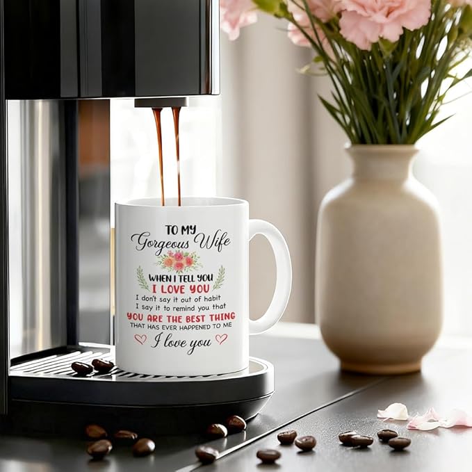 To My Gorgeous Wife Ceramic Coffee Mug for Women, Anniversary Birthday Romantic Gifts for Her Women Wife, Funny 11oz Christmas Day Gifts From Husband, Forever Love Valentine's Day Present