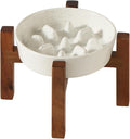 Ceramic 0.9 Cup Raised Slow Feeder Dog Bowl Set, Elevated Bowl with Acacia Wood Stand for Small Dog and Cat, 6.1inch Slow Dog Food Dish, Helps Stop Bloat(1 Bowl & Stand, Vanilla White)