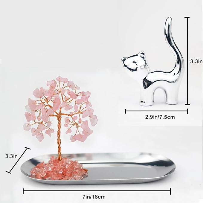 Carselage Cat Ring Holder, Cute Animals Jewelry Tray, Cat Lovers Gifts for Women, Pink Room Japanese Decor, Birthday Gifts for Teen Girls Trendy Stuff - Rose Quartz