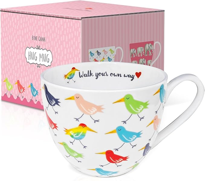 Birds Mugs for Daily Coffee and Tea, Premium 20 oz Bone China Coffee Tea Hug Mug, Perfect Holiday, Birthday and Christmas Gift for Bird Lovers, Designed in England by Harvest Green Studio