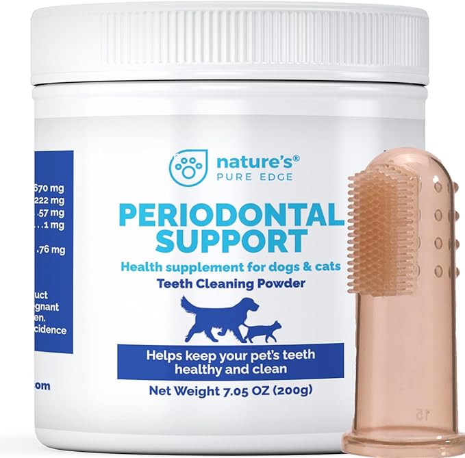 Periodontal Support Dental Powder for Dogs & Cats – Teeth Cleaning Supplement with Free Finger Toothbrush – Helps Reduce Bad Breath, Plaque & Tartar – Supports Healthy Teeth & Gums – 200g