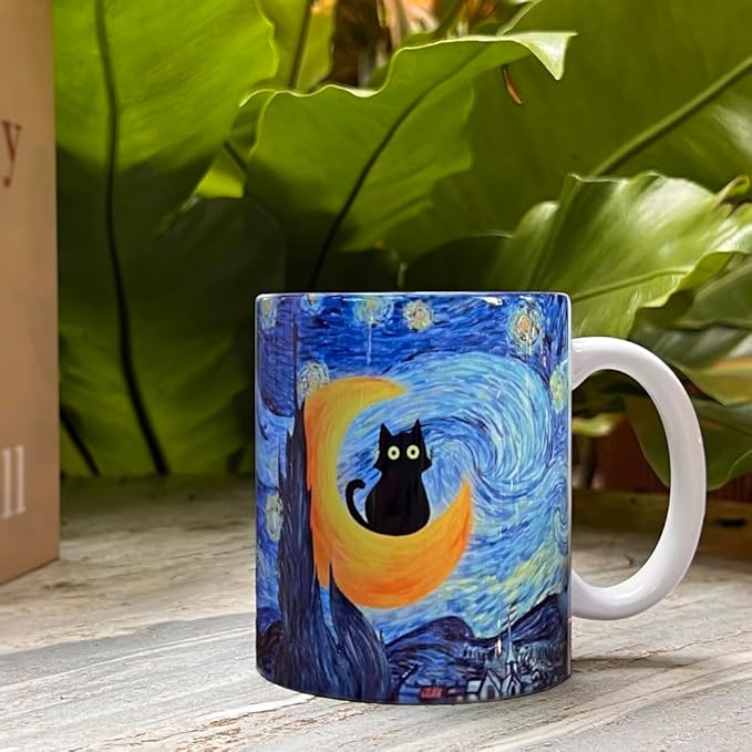 Famous Art Paintings Funny Cat Coffee Mug for Artist Art Lover Teacher Cat Lovers, Famous Picture Classic Vincent Aesthetic Canvas Mug Birthday Gift for Women Man (Starry Night)