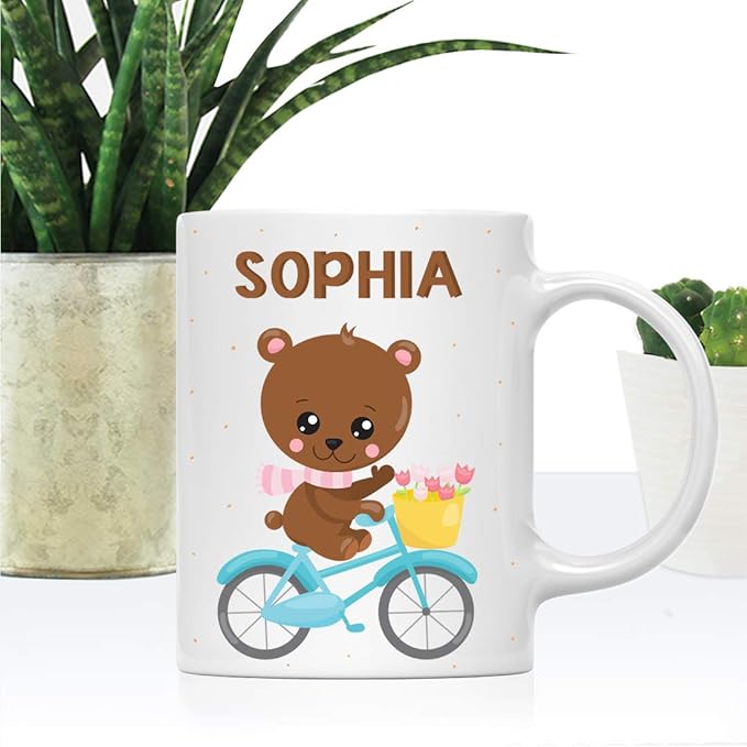 Andaz Press Personalized 11oz. Kids Milk Hot Chocolate Mug, Bear Blue Bicycle, 1-Pack, Custom Child’s Birthday Christmas Coffee Cup