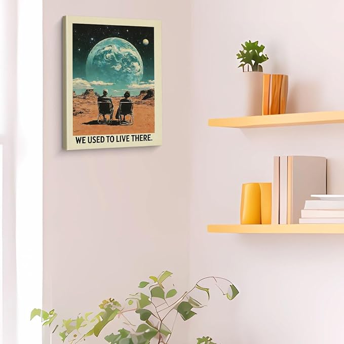 Retro Surreal Earth Canvas Wall Art Funny We Used to Live There Print Painting 70s Wall Decor for Home Living Room Bedroom 8x10 Inches Framed