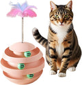 Cat Toys for Indoor Cats, Interactive Cat Toy Ball Track with Feather Sticks, 3 Spinning Balls, Wobble Rotating Tumbler Base for Bored Indoor Adult Cats to Play Alone, Reduce Anxiety (Pink).