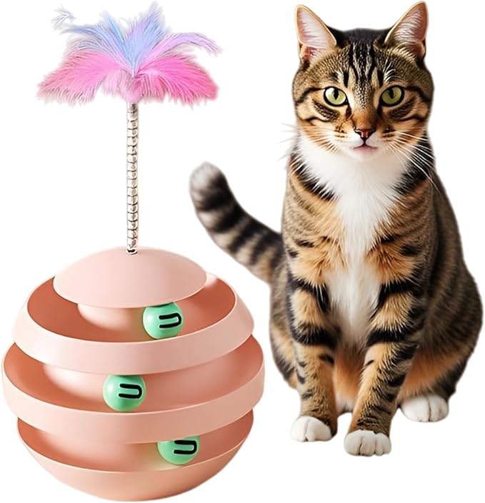 Cat Toys for Indoor Cats, Interactive Cat Toy Ball Track with Feather Sticks, 3 Spinning Balls, Wobble Rotating Tumbler Base for Bored Indoor Adult Cats to Play Alone, Reduce Anxiety (Pink).