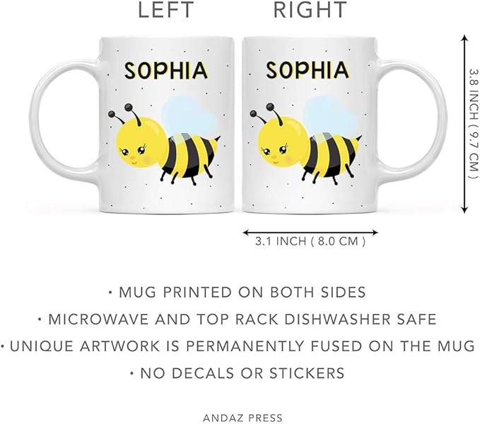 Andaz Press Personalized 11oz. Kids Milk Hot Chocolate Mug, Busy Bee Posture 3, 1-Pack, Custom Child’s Birthday Christmas Coffee Cup
