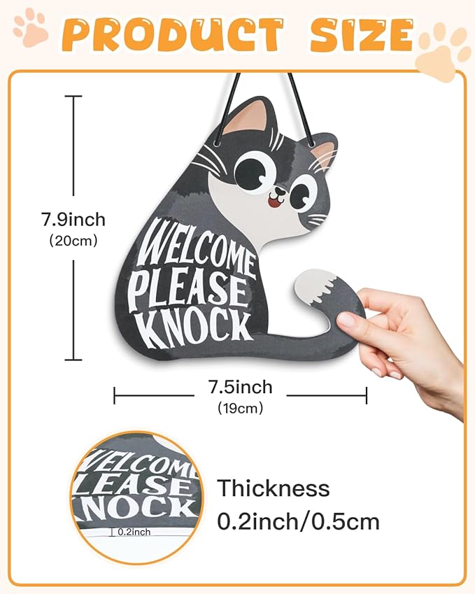 Putuo Decor Do Not Disturb Sign Welcome Please Knock, Cute Cat Door Sign Decor Reversible Double Sided Aesthetic Hanger Plaque for Room Front Door Porch Home Decor, Cat Lover Gifts Grey
