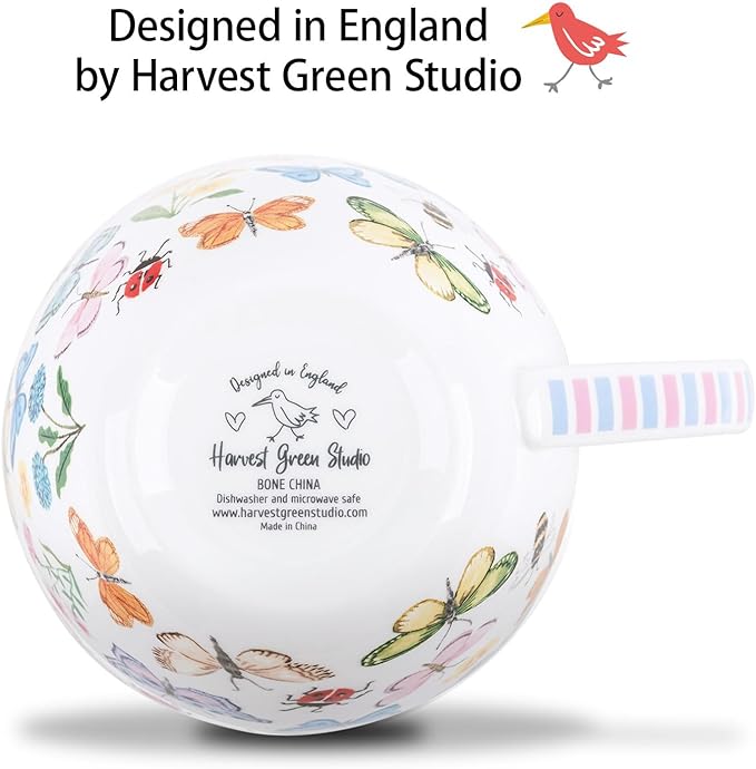 Colorful Butterfly Mug - 20oz Bone China Coffee Tea Hug Mug with Multicolor Butterflies, Ladybugs, Bees & Blooms, Perfect Gifts for Mom Women Mothers Day, Designed in England by Harvest Green Studio