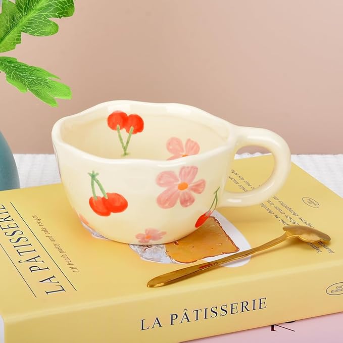 Cute Coffee Mug,Ceramic Tea cup,Kawaii coffee mugs,Handmade Creative Flower Pink mug with Spoon,Aesthetic mugs for milk Cappuccino Cocoa,8.5 oz Cheery Mug Gift for Women Christmas (P+B)