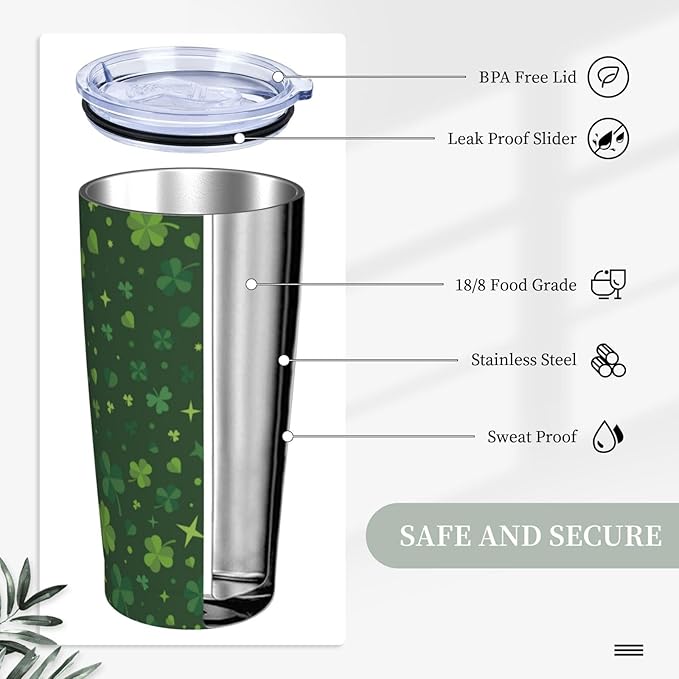 St Patrick's Day Tumbler 20oz Shamrock Stainless Steel Insulated Tumblers with Lid and Straw Irish Clover Travel Coffee Mug Tea Wine Cups Water Bottle Holiday Gifts for Women