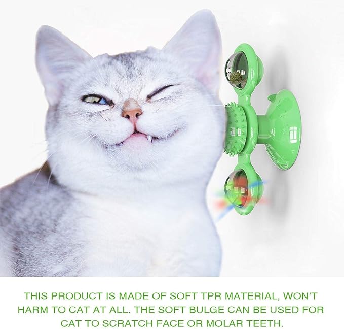 Interactive Windmill Cat Toys with LED Light Ball, Catnip, Suction Cup, Cat Exercise, Green