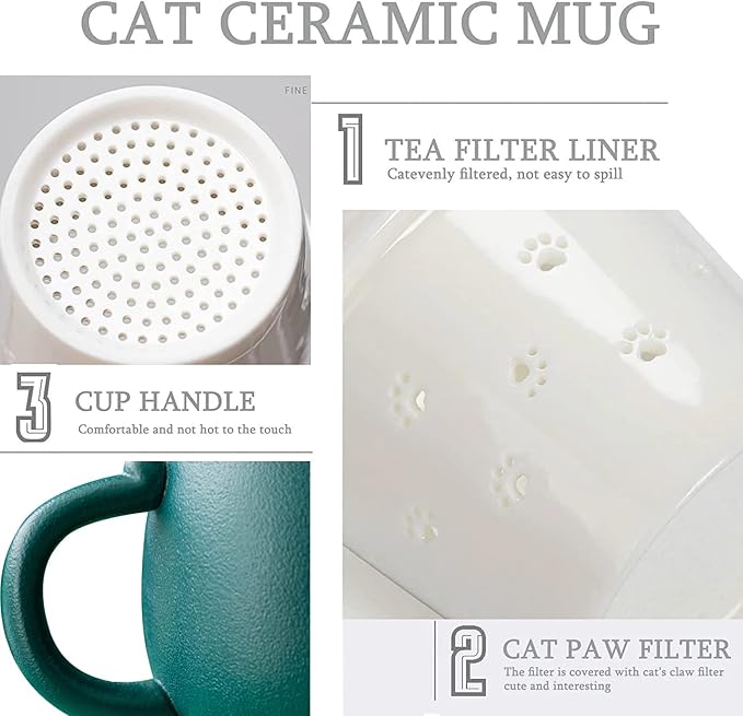 Liywall - Ceramic Tea Mug with Infuser and Lid, Cat Design Handmade Porcelain Tea Cup Strainer With Portable Shockproof Storage Case for Travel Office Home,Wife Girlfriend Gift - Green