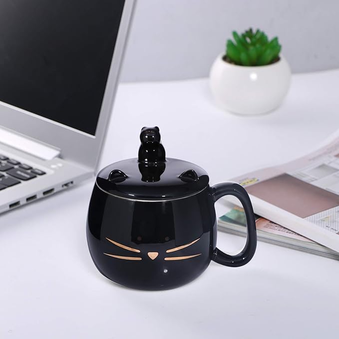 Koolkatkoo Cute Cat Coffee Mug With Cell Phone Holder Lid - Unique Ceramic Tea Porcelain Cup for Cat Lovers - Gold Black Gift for Women