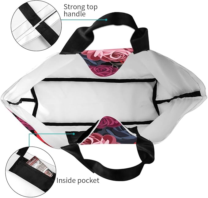 Rose Print Gym Tote Bags for Women, Cute Rose Print Purse, Reusable Shopping Handbags, Casual Travel Work Daily Waterproof Summer Grocery Bag Holiday Gifts -Large