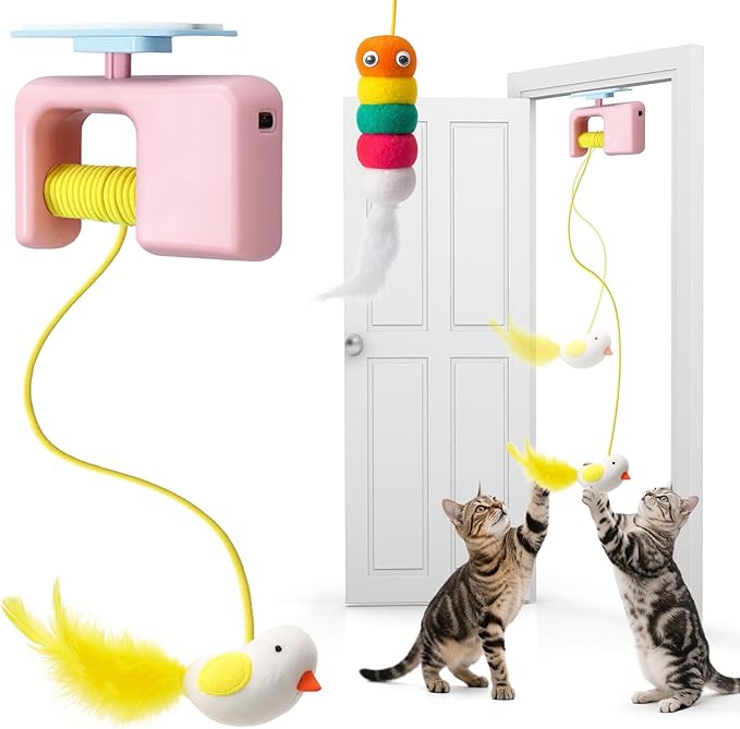 Palksky Interactive Cat Toys for Bored Indoor Cats, Hanging Retractable Flying Bird String Cat Toy, Kitten & Adult Cat Enrichment Feather Toys, Automatic Electric Stimulating Cats Toys for Exercise