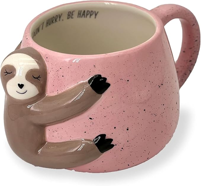 VOTUM Sloth Ceramic Coffee or Tea Mug - Animal Shaped Coffee Cup with Hand Printed Designs Saying “Don't Hurry. Be Happy” - Cute Handmade Gift for Men or Women Sloth Lovers – 18.6 Fluid Ounce