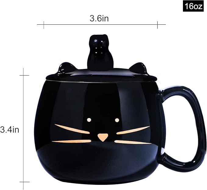 Koolkatkoo Cute Cat Coffee Mug With Cell Phone Holder Lid - Unique Ceramic Tea Porcelain Cup for Cat Lovers - Gold Black Gift for Women