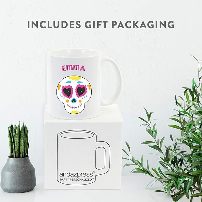 Andaz Press Personalized 11oz. Kids Hot Chocolate Mug, Mexican Day of the Dead Dia de Los Muertos Pink Skull, 1-Pack, Custom Child’s Birthday Christmas Coffee Cup