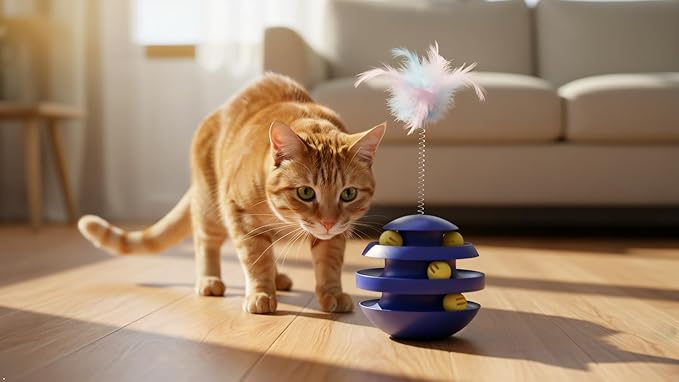 Cat Toys for Indoor Cats, Interactive Cat Toy Ball Track with Feather Sticks, 3 Spinning Balls, Wobble Rotating Tumbler Base for Bored Indoor Adult Cats to Play Alone, Reduce Anxiety(Blue).