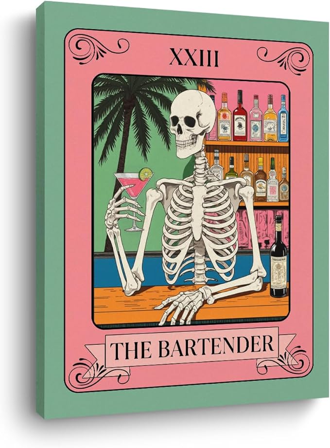 The Bartender Tarot Wall Art, Funny Skeleton Bartender Drinking Cocktail, Gothic Framed Canvas Prints Vintage Artwork for Walls, Retro Paintings for Bar Pub Living Room Bedroom Decor 15x11.4 inch