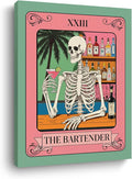 The Bartender Tarot Wall Art, Funny Skeleton Bartender Drinking Cocktail, Gothic Framed Canvas Prints Vintage Artwork for Walls, Retro Paintings for Bar Pub Living Room Bedroom Decor 15x11.4 inch
