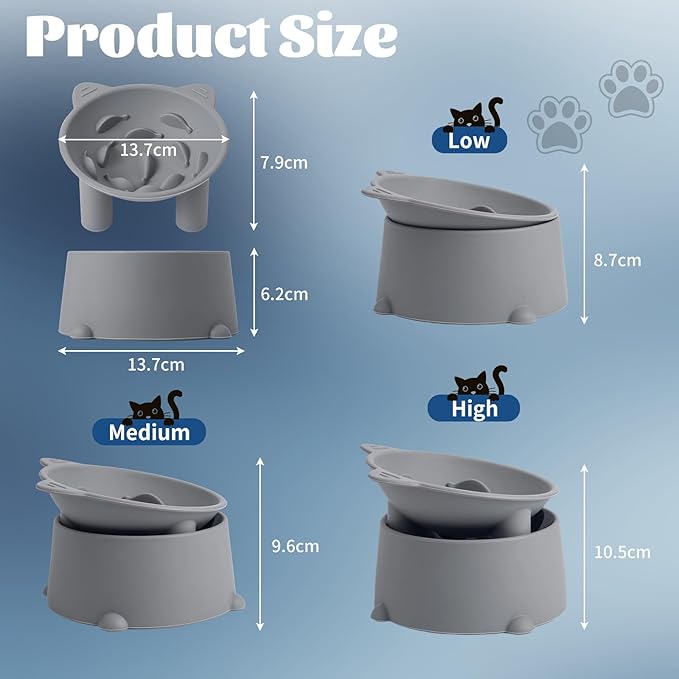 Cat Raised Bowls Silicone, 3 Modes to Adjust Height Elevated Cat Bowl to Protect Puppy,Kitten Spine and Anti Vomit Slow Feeder with 10° Tilted Detachable Dish for Pet Dry,Wet Food