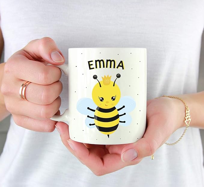 Andaz Press Personalized 11oz. Kids Milk Hot Chocolate Mug, Busy Princess Bee, 1-Pack, Custom Child’s Birthday Christmas Coffee Cup