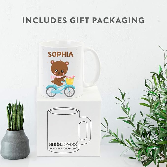 Andaz Press Personalized 11oz. Kids Milk Hot Chocolate Mug, Bear Blue Bicycle, 1-Pack, Custom Child’s Birthday Christmas Coffee Cup