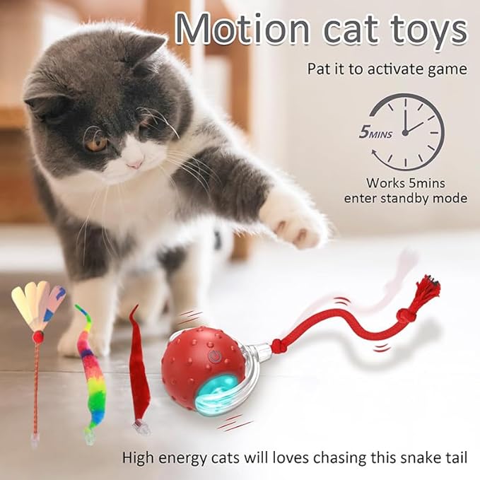 Interactive Cat Toy Ball – Automatic Rolling Cat Toys for Indoor Cats, Motion Activated & Chirping Sound with 4 Replaceable Tails, Rechargeable Cat Toys for Bored Indoor Adult Cats, Kittens -RED