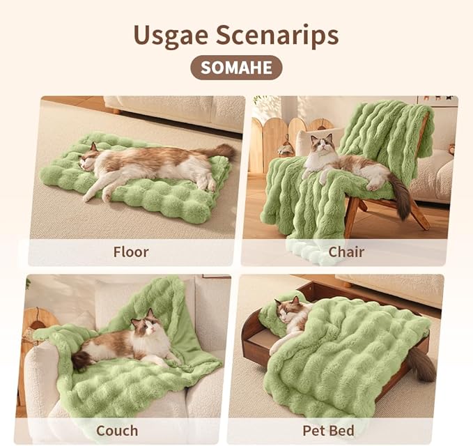 SOMAHE Self-Warming Cat Blanket, Dual-Side Plush Sherpa Throw with Anti-Static, Snuggle Mat for Kittens & Cats, Cozy Bed Topper for Windowsills & Couches, Machine Washable & Dryable, 21x18 Inch Green