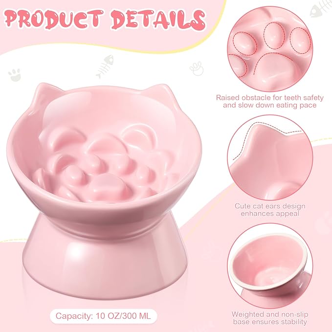 2 Pcs Ceramic Raised Slow Feeder Cat Bowl, 5.91inch Elevated Cat Slow Feeder Bowl Tilted Anti Vomiting for Dry Wet Food and Water Easy to Clean High Edge(Dark Green, Pink)