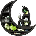 Cat on The Moon Wooden Shelf for Crystals, Moon Crystal Shelf Jewelry Holder, Floating Shelves Essential Oil Shelfes for Living Room, Dinning Room, Bed Room(Color:Black)