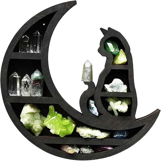 Cat on The Moon Wooden Shelf for Crystals, Moon Crystal Shelf Jewelry Holder, Floating Shelves Essential Oil Shelfes for Living Room, Dinning Room, Bed Room(Color:Black)