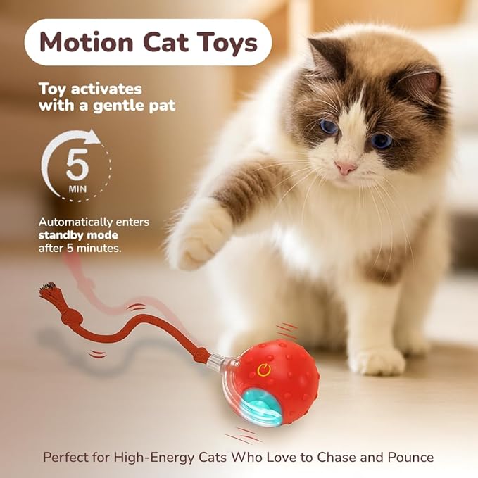 Interactive Cat Toy Ball for Indoor Cats – Fast Rolling on Carpet, Motion Activated with Chirping Sounds, Smart Play Toy (Crimson)