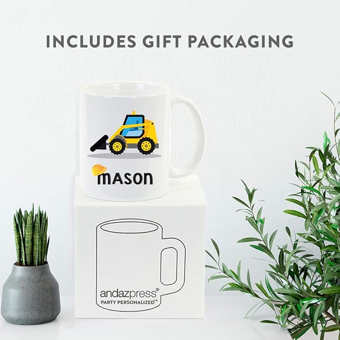 Andaz Press Personalized 11oz. Kids Hot Chocolate Mug, Yellow Construction Truck Bulldozer, 1-Pack, Custom Child’s Birthday Christmas Coffee Cup