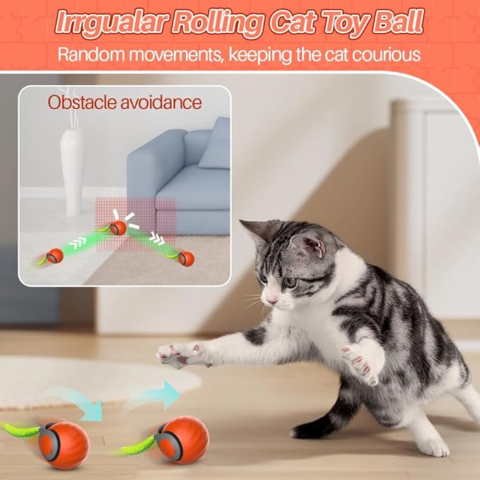 Speedy Cat Toy,Smart Self Rolling Interactive Toy Balls Automatic Moving,Chase Toys for Bored Indoor Kitten/Adult Cats, Rechargable (Orange)