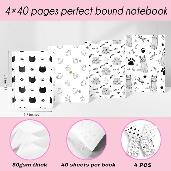 Cat Notebooks for Work, 4 Pcs A5(8.26x5.7inch) College Ruled Notebook Journal for Women, Cute Notepads Journals for Writing, Cute Diary Stationary Cat Lover Gifts 4