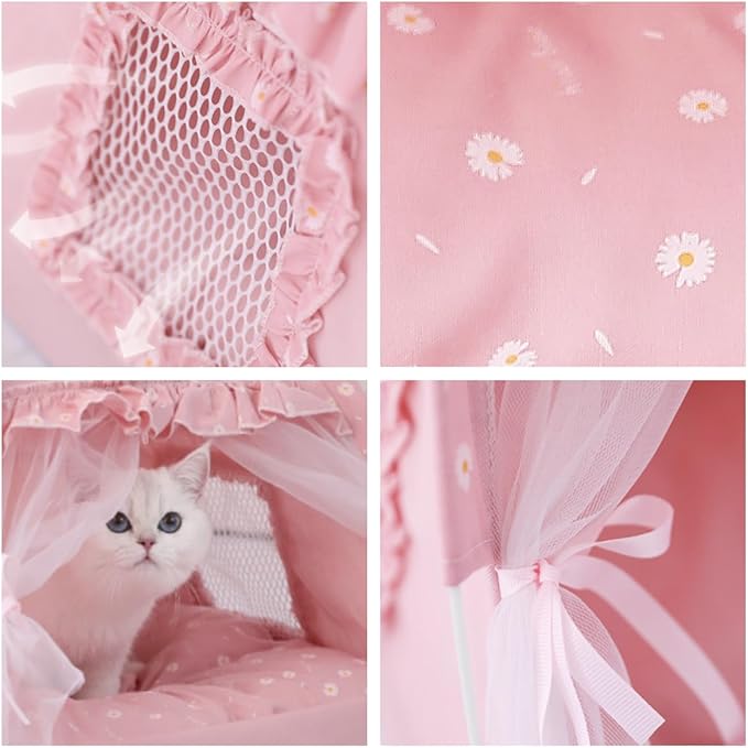 Selena Cat Bed Tents Dog House Indoor Outdoor Lace Mesh Breathable Windows Door Curtains Removable Portable Nest Teepe House (Small,Pink(Ruffled Teim))