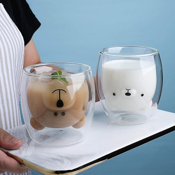 Binoster Cute Mugs Double Wall Glass Coffee Glass Cup Kawaii Bear Tea Milk Cup Funny Mug Animal Mug Aesthetic Cup for Office and Personal Birthday Gift (Happy bear)
