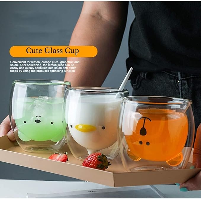 Binoster Duck Mug Cute Mugs Glass Double Wall Insulated Glass Espresso Cup, Coffee Cup, Tea Cup, Milk Cup,Kawaii Gift for Office and Personal Birthday Christmas (Duck)